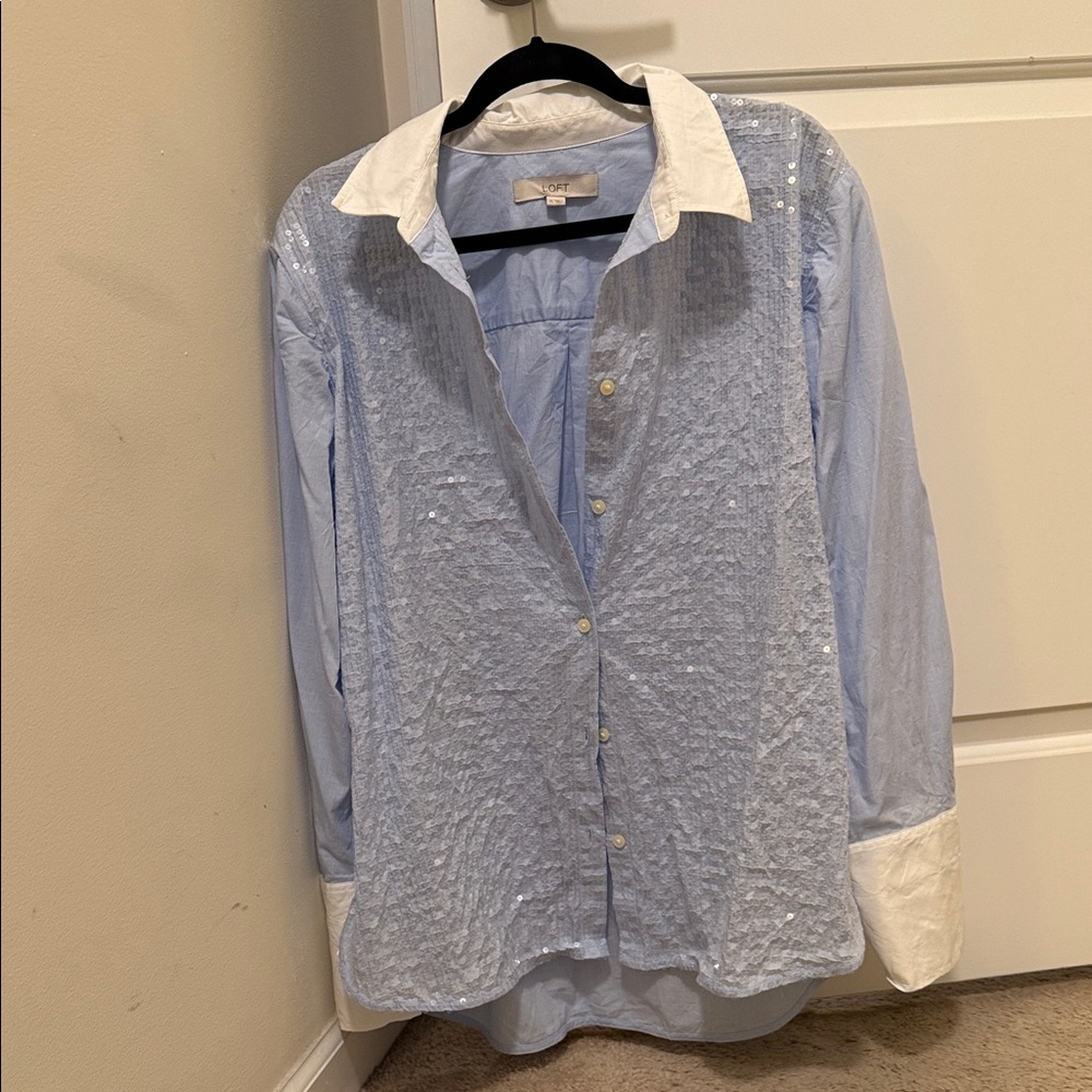 Loft Blue and White Button-Up Shirt with Sequins